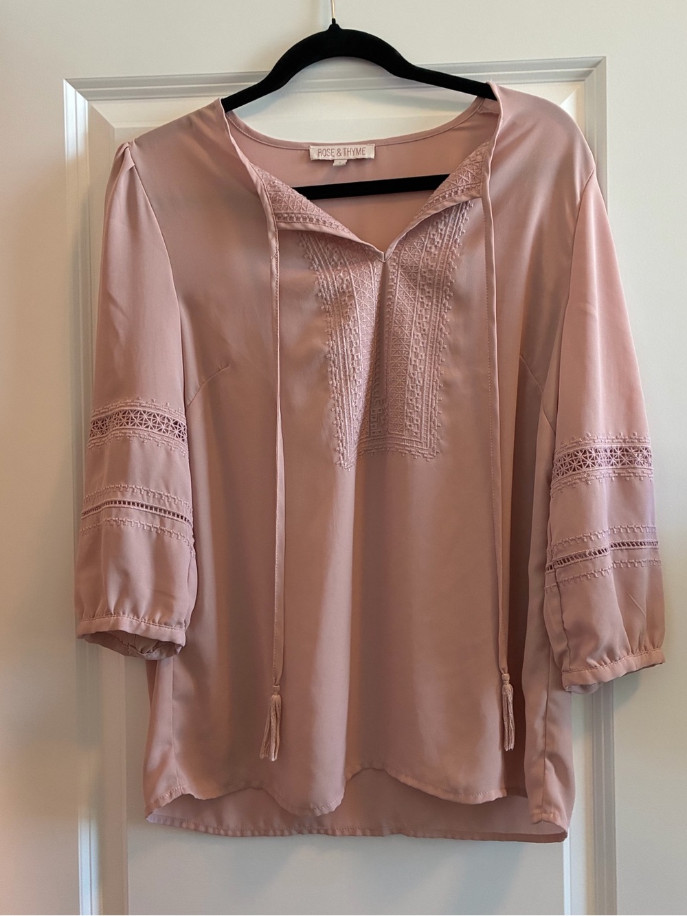 Blush Pink Lace-Trim Peasant Blouse